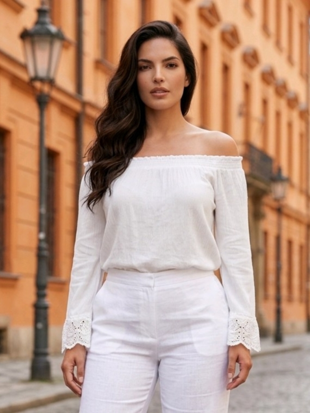 Love Fire, White Off-the-Shoulder Crinkle Textured Top Elastic Neckline M
